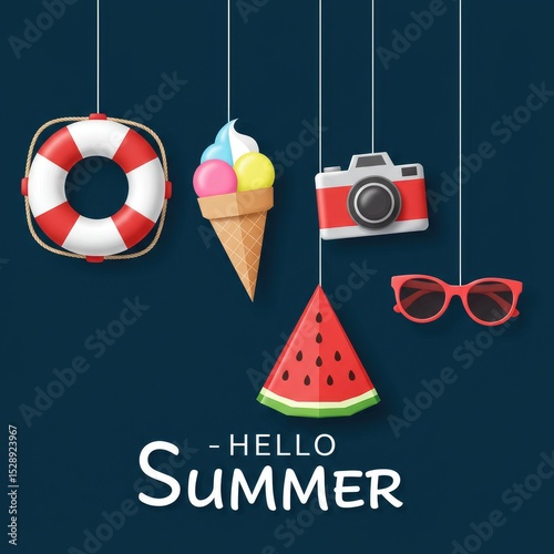 Welcome summer with origami decorations on dark blue. Paper-style vector of ice cream, camera, sunglasses, and more.