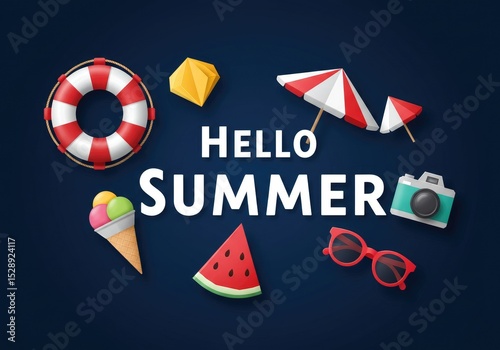 Welcome summer with origami decorations on dark blue. Paper-style vector of ice cream, camera, sunglasses, and more.
