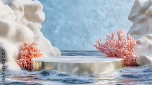 Colorful underwater scene featuring coral, sea plants, and a circular platform with soft lighting for a tranquil atmosphere