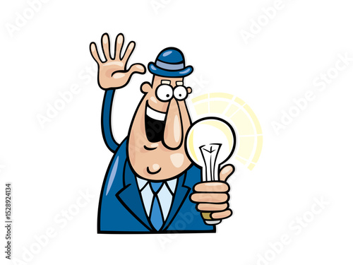 Happy electrician holding light bulb cartoon illustration