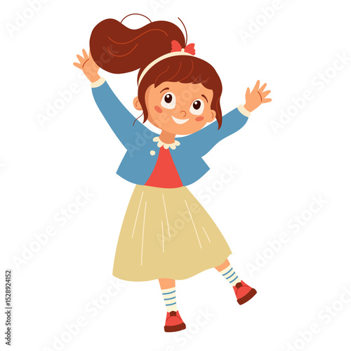 Joyful schoolgirl celebrating back to school and personal success. Smiling cartoon child in festive outfit jumping with excitement Vector illustration for card, banner, poster, print or design element