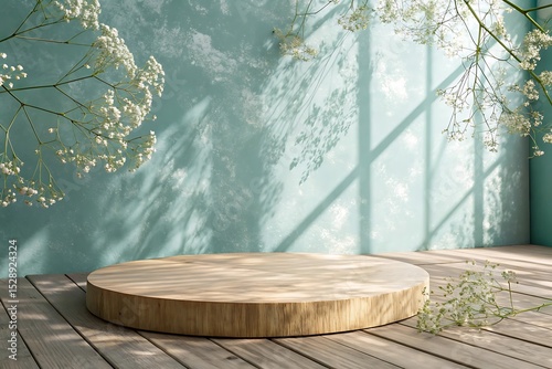 Wooden platform under babys breath and dappled light