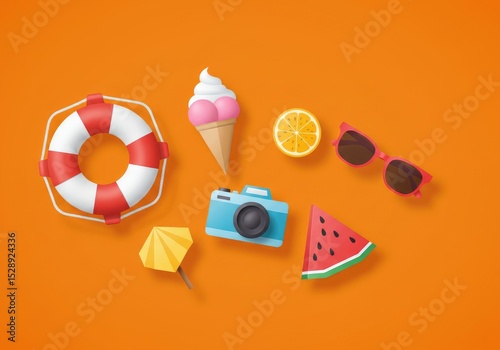 Welcome summer with origami decorations on dark blue. Paper-style vector of ice cream, camera, sunglasses, and more.