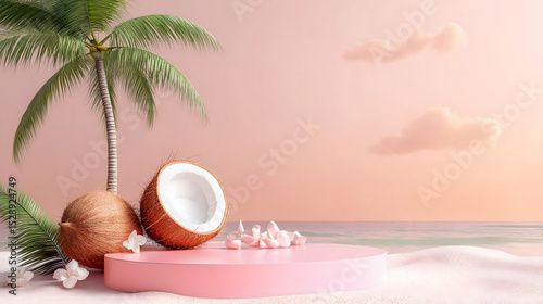 Relaxing tropical beach setting with coconuts and palm trees under a pastel sunset