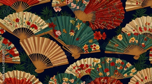Seamless repetitive pattern of folding fans decorated with intricate floral motifs and bamboo. generative.ai