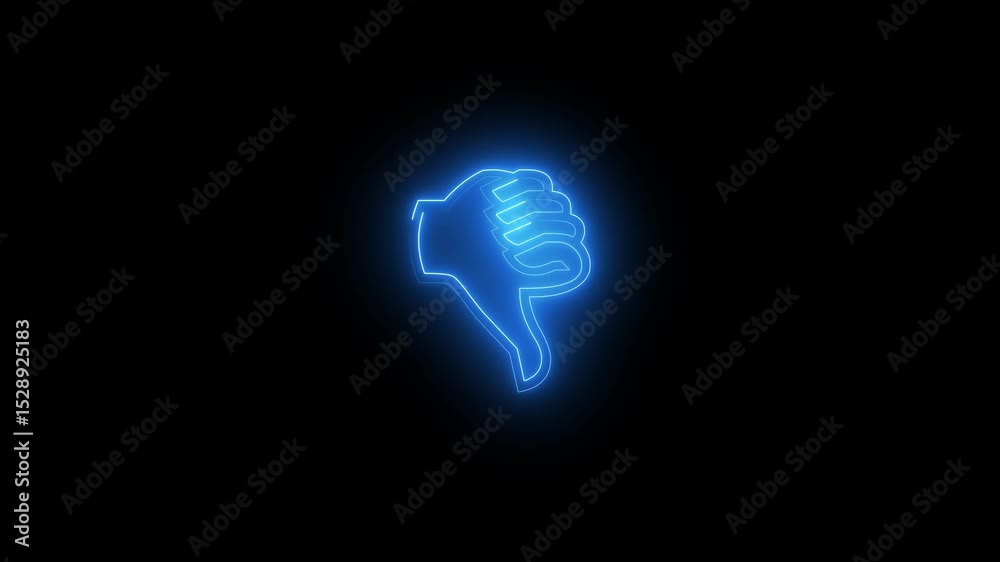 Glowing neon line hand dislike icon and down like video animation.4k video motion graphic outline cyan color animation on black background.