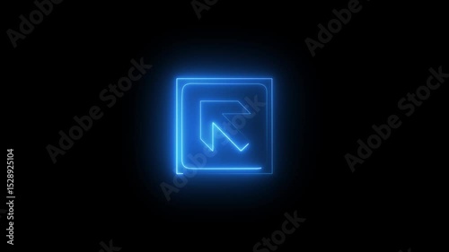Neon arrow icon between squares symbol animation. Neon glowing blue color up left arrow direction icon and computer mouse click on black background.