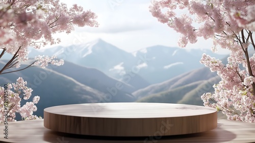 Serene landscape with blooming cherry blossoms and tranquil water at sunrise in a peaceful mountain setting