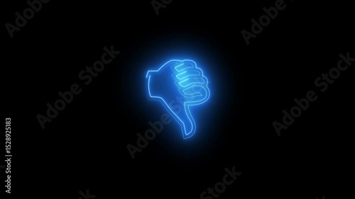 Glowing neon line hand dislike icon and down like video animation.4k video motion graphic outline cyan color animation on black background.