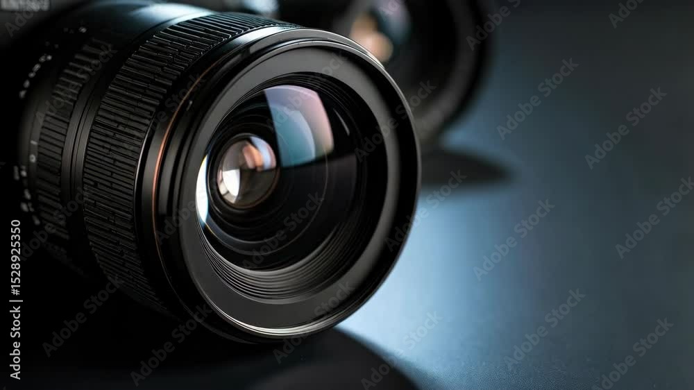 Close-up view of professional camera lens showcasing optical elements and detailed barrel rings with subtle surface reflection.