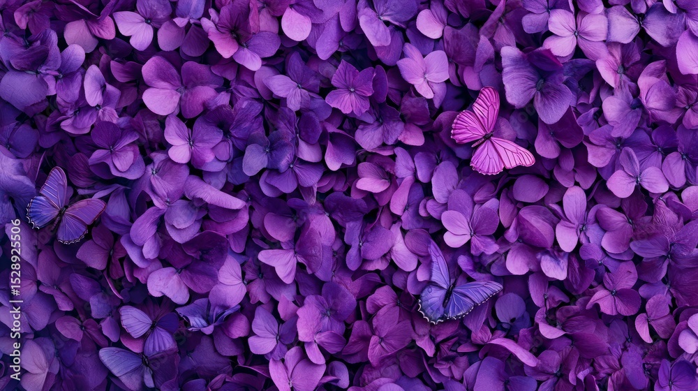 Fototapeta premium Mesmerizing scene of purple butterflies fluttering over lush violet groundcover flowers with magenta petals on a vibrant purple background for nature-themed designs and elegant floral visual concepts