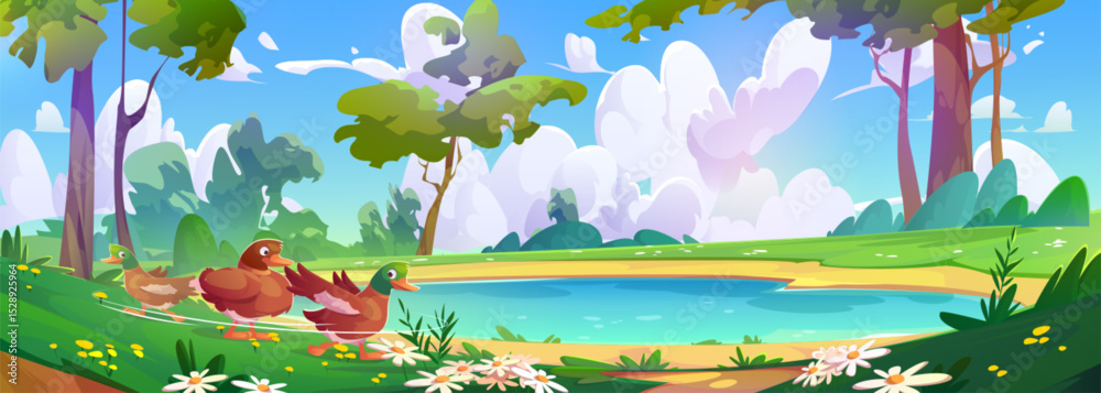 Fototapeta premium Forest lake scene with duck family swimming, green meadow banks, daisy flowers blooming, tall trees surrounding blue water pond. Sunny cartoon landscape with fluffy clouds. Peaceful nature setting.