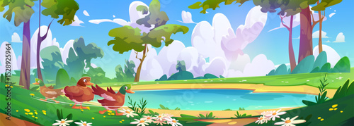 Forest lake scene with duck family swimming, green meadow banks, daisy flowers blooming, tall trees surrounding blue water pond. Sunny cartoon landscape with fluffy clouds. Peaceful nature setting.