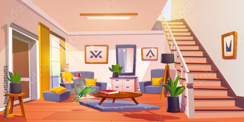 Man sits in living room while green frog jumps near coffee table - cozy interior with sofa, wooden stairs, potted plants, floor lamp and wall art frames. Modern home scene with yellow cushions.