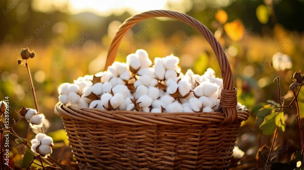 Freshly harvested raw cotton bolls filling a wicker basket in a sunlit field, nature background, natural fiber agriculture concept