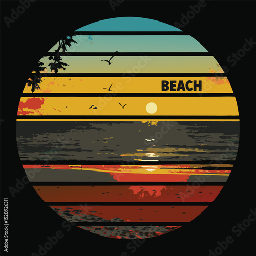 Retro sunset beach scene in a circular design with palm leaves and flying birds illustration