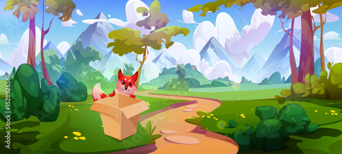 Forest scene with curious fox looking inside open cardboard box on grassy meadow, winding path through trees and bushes leading to mountains. Whimsical nature landscape for children stories, game bg.
