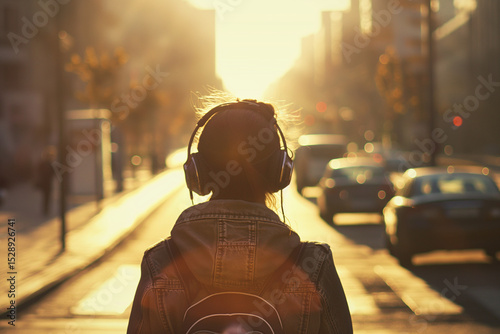 Teenager with Headphones Walking in City