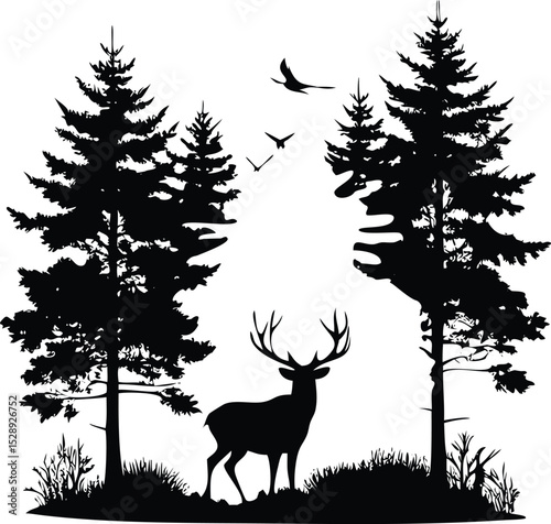Misty Forest Landscape with Deer Silhouette at Dawn