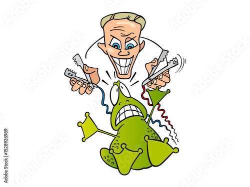 Mad scientist experiments on scared frog with tools in laboratory