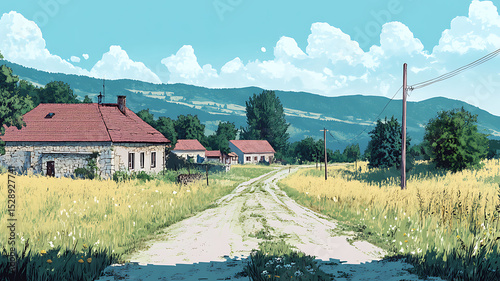 serbia village landscape in anime style cartoon background layer