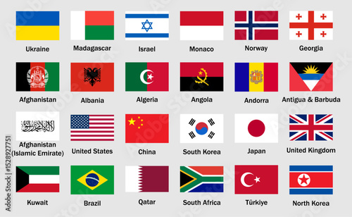 Set of world country flags including USA, China, UK, Japan, South Korea, Brazil, and others. High-quality flat national flags for political, travel, education, or global themes.