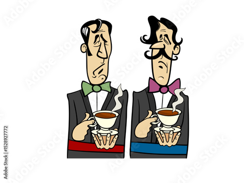 Two Dapper Gentlemen Looking Sad Holding Cups of Hot Beverage