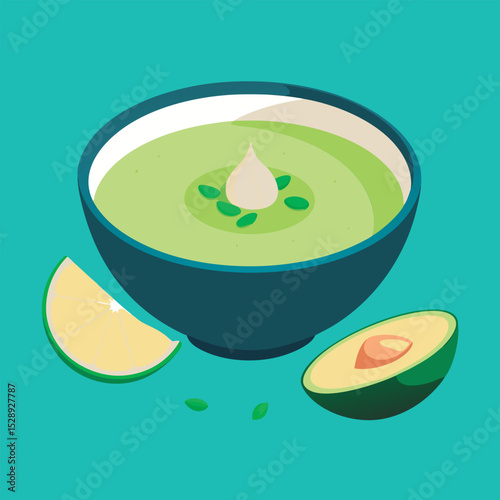 Avocado soup. garnished with lime.