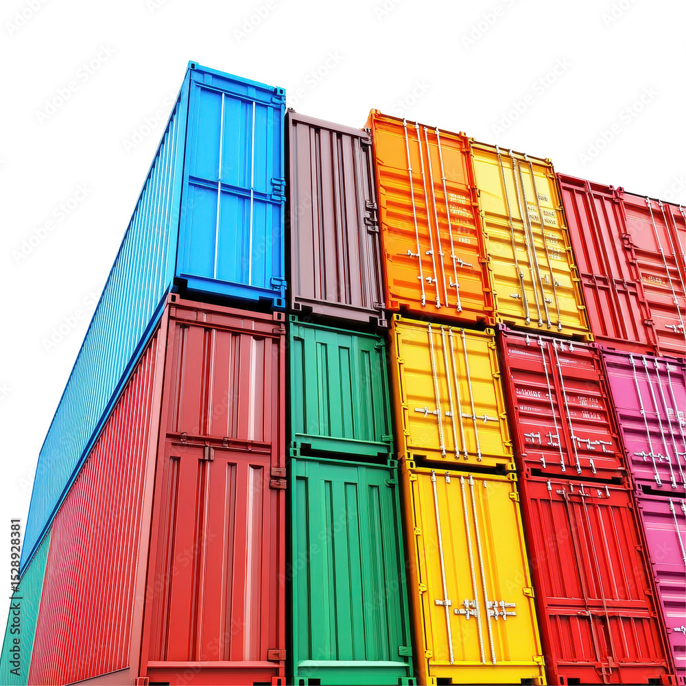 Fototapeta premium Colorful cargo containers stacked at a shipping yard showcasing vibrant hues during daylight, Colorful Cargo Shipment A Vibrant Display Shipping Containers
