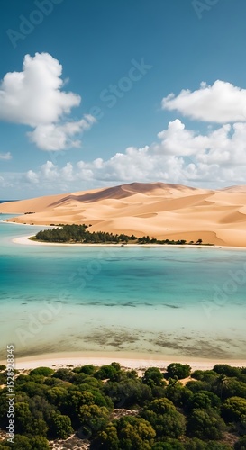 Aerial view of tropical island with sandy dunes and turquoise water