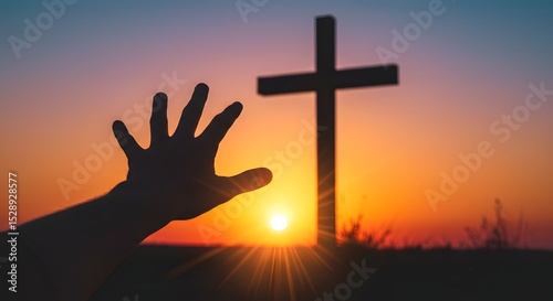 Jesus Blessing, Hand extended upward into radiant sunlight with a cross faintly in the distance