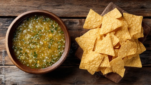 Overhead flat lay of vibrant green tomatillo salsa in a wooden bowl alongside crispy tortilla chips on rustic wooden surface with ample copy space photo