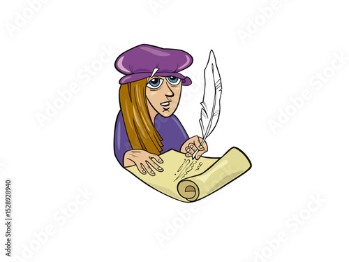 A Cartoon Woman with Long Blonde Hair Wearing a Purple Beret and a Purple Tunic Writing on a Scroll With a Feather Pen