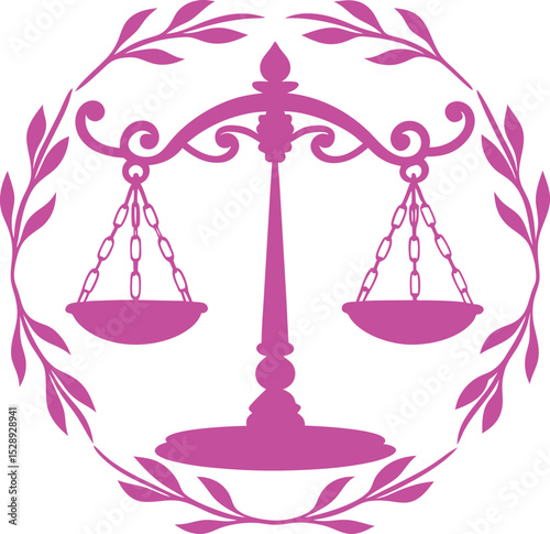 Symbolic logo featuring a balance scale adorned with curling ivy vines, representing justice, growth, and resilience in vector art.