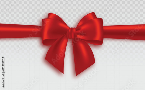 beautifully tied red satin bow with matching horizontal ribbon, casting a soft shadow, perfect for gifts and festive designs.