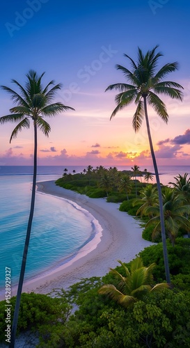 Tropical island sunset paradise beach scene with palm trees