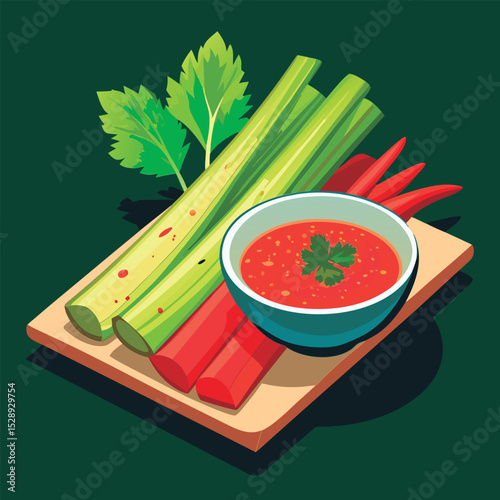 Celery sticks with spicy dipping sauce.