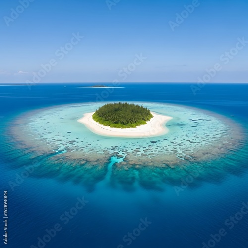 Aerial view of tropical island paradise with lush greenery and coral reef
