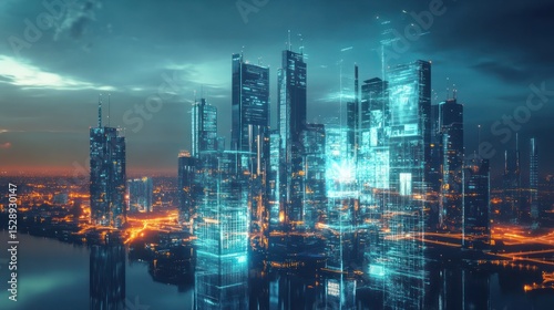Futuristic metropolis at dusk with digital overlays and light streams