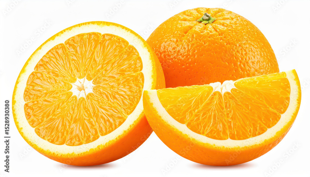 Fototapeta premium Orange fruit isolated on white background Two orange fruits, halved and cut into pieces