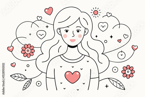 Doodle Style Illustration of a Woman Surrounded by Hearts Flowers and Stars