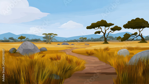 Open grassland features large rocks and trees