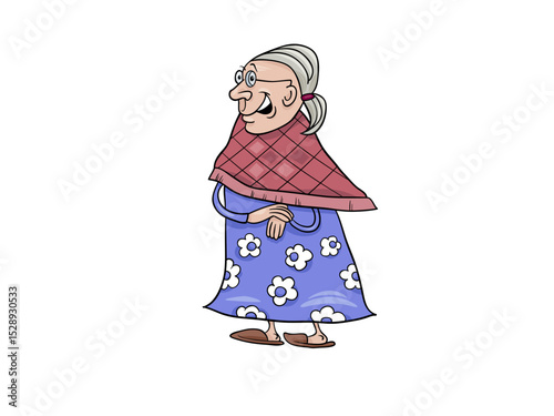 Elderly woman with glasses wearing a blue floral dress and a shawl
