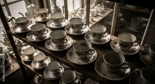 Collection of delicate floral teacups and their saucers, artfully arranged on wooden shelves in a nostalgic shop.
