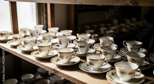 A beautiful display of assorted antique porcelain tea sets, showcasing intricate patterns and classic charm.
