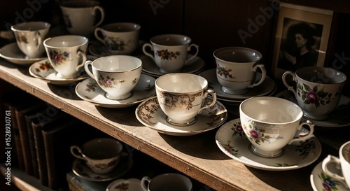 Rows of elegant vintage teacups and saucers, each adorned with unique floral designs, in an antique store setting.
