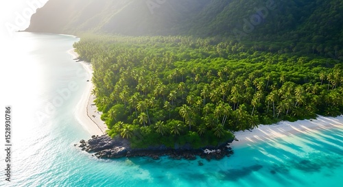 Aerial view of lush tropical island paradise with white sandy beach