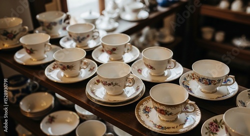 Timeless vintage teaware featuring various floral motifs, presented on a dark shelf, evoking a sense of history.
