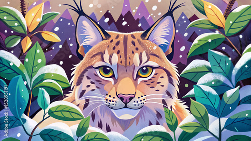 lynx peeking stealthily through snowy bushes ideal for winter wildlife themes, nature design, forest camouflage, and animal survival