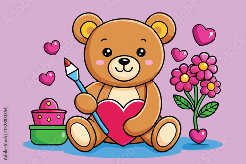 Cute Cartoon Teddy Bear Surrounded by Hearts Flowers and a Stacked Gift